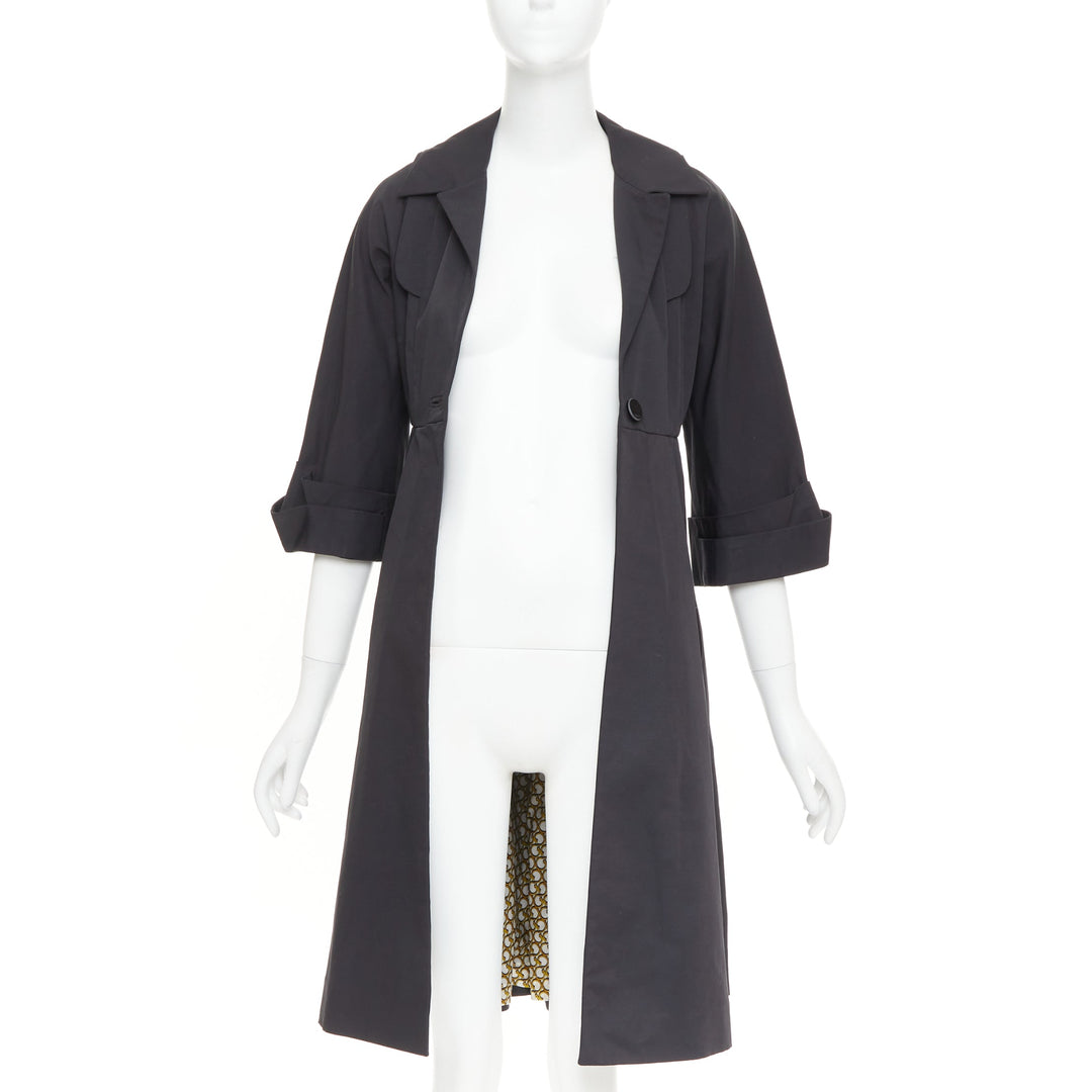 GUCCI 2007 black textured nylon plastic logo buttons long coat IT36 XXS