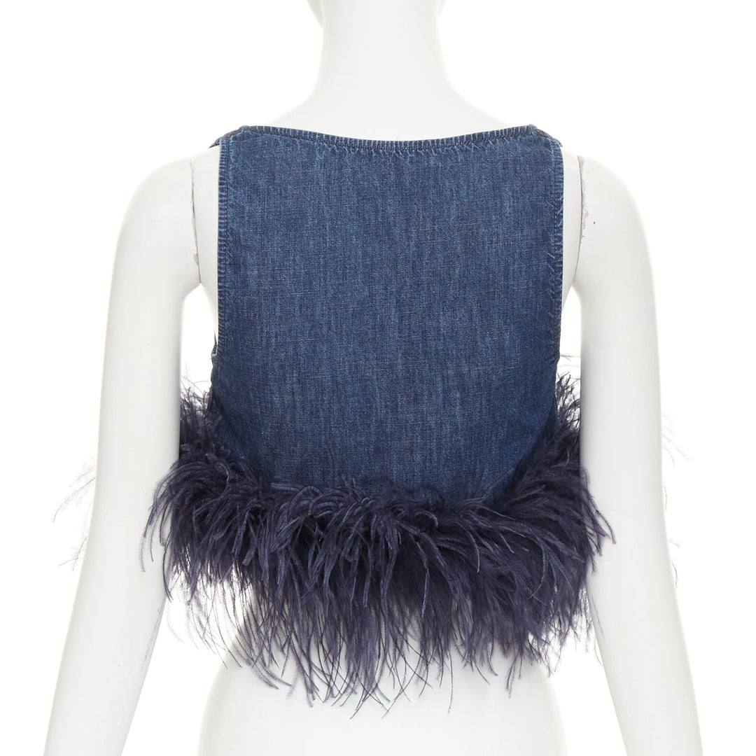VALENTINO 2023 VGold blue denim purple turkey feather trimmed crop top IT38 XS