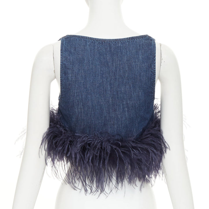VALENTINO 2023 VGold blue denim purple turkey feather trimmed crop top IT38 XS