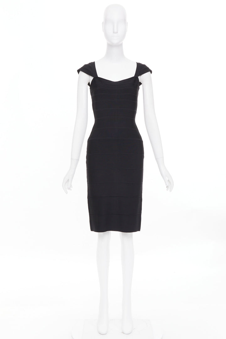 HERVE LEGER Kristen black bandage sculpted shoulder open side bodycon dress S