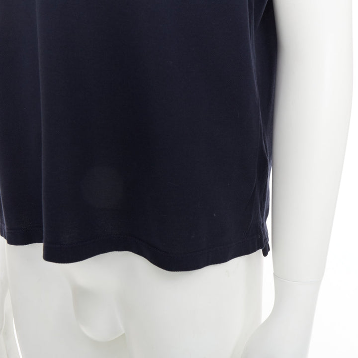 LANVIN navy cotton black grosgrain collar trim short polo shirt M
