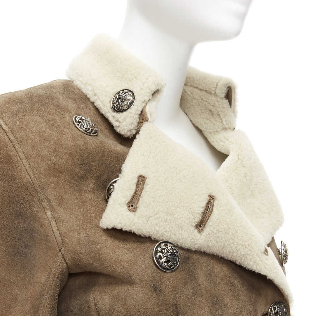 BALMAIN brown beige genuine lambskin shearling long fitted officer coat FR36 S