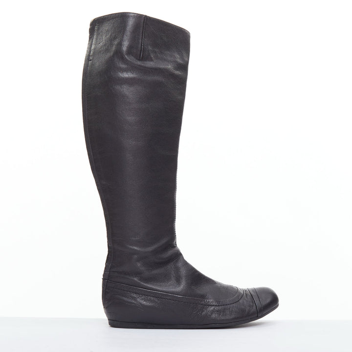 LANVIN black soft leather round toe panelled flat long boots