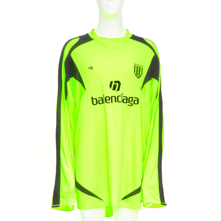 BALENCIAGA 2020 Runway fluo yellow soccer graphic athletic jersey top shirt XL