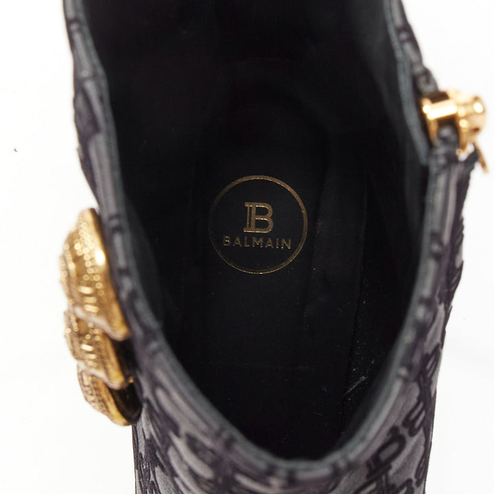 BALMAIN black BB monogram gold buttons high top stiletto boots EU38
