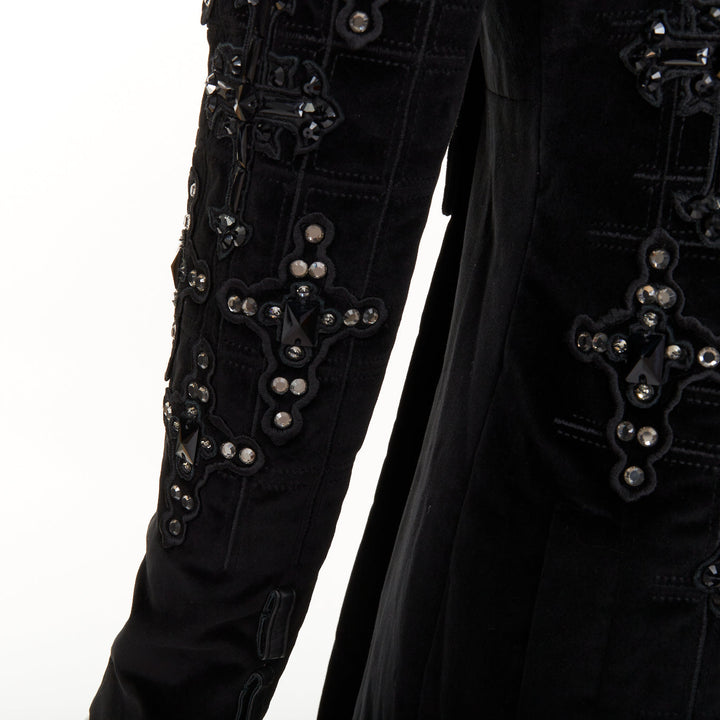 VERSACE 2012 runway black velvet gothic Byzantine cross flared zip coat IT38 XS
