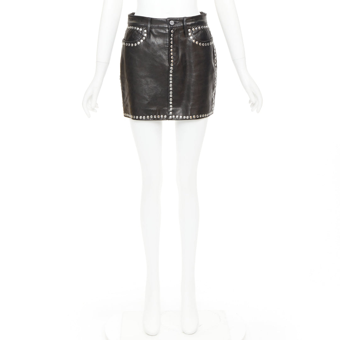 FRAME black lambskin leather silver studded high waist mini skirt 25"
