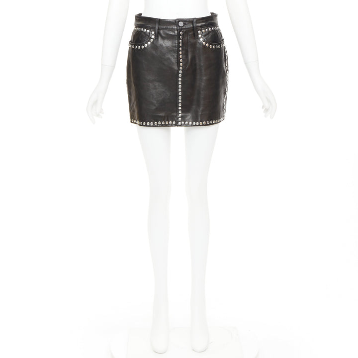 FRAME black lambskin leather silver studded high waist mini skirt 25"