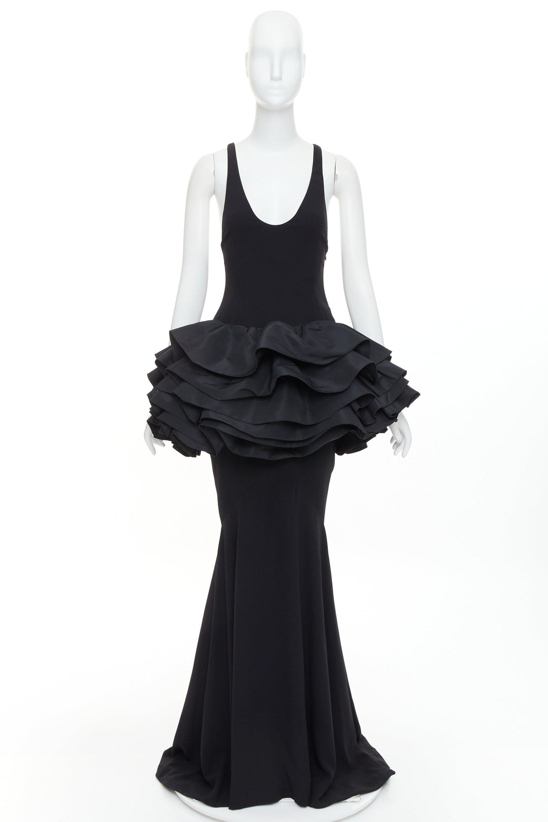 rare ALEXANDRE VAUTHIER COUTURE black scoop ruffle peplum evening gown dress