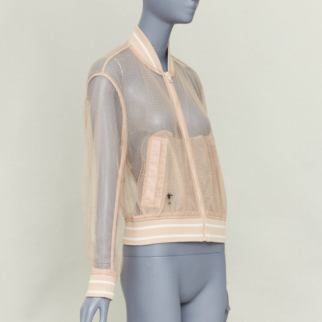 DIOR 2020 beige metallic mesh overlay sheer striped ribbed CD bomber jacket