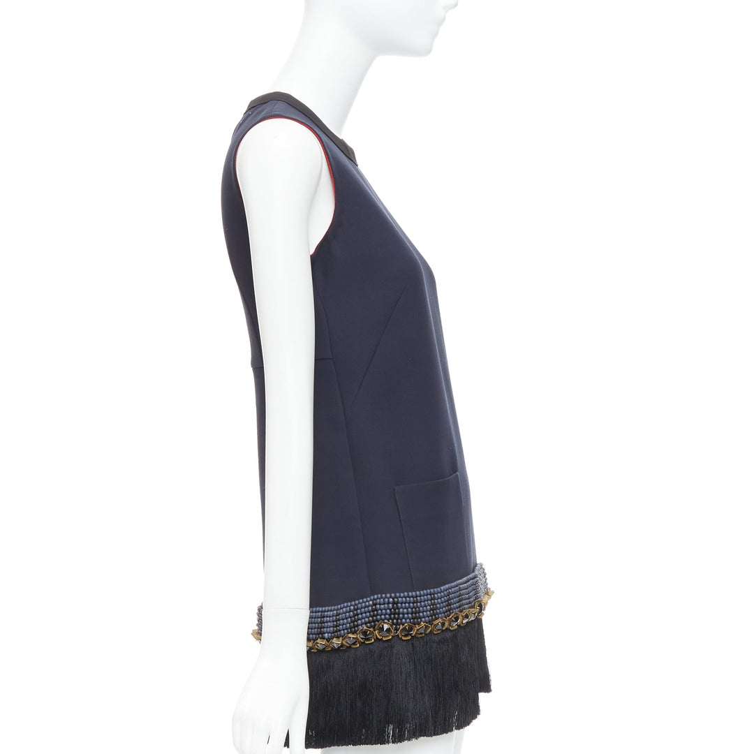 MARNI navy copper fringe bead embellished hem tunic dress IT38 XS