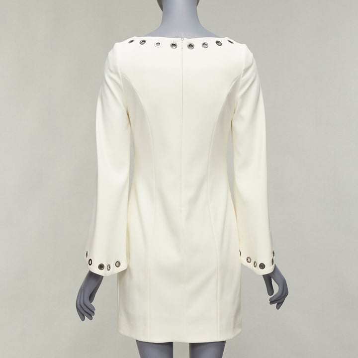 CELINE Vintage grommet detail cream crepe bell sleeve mini shift dress