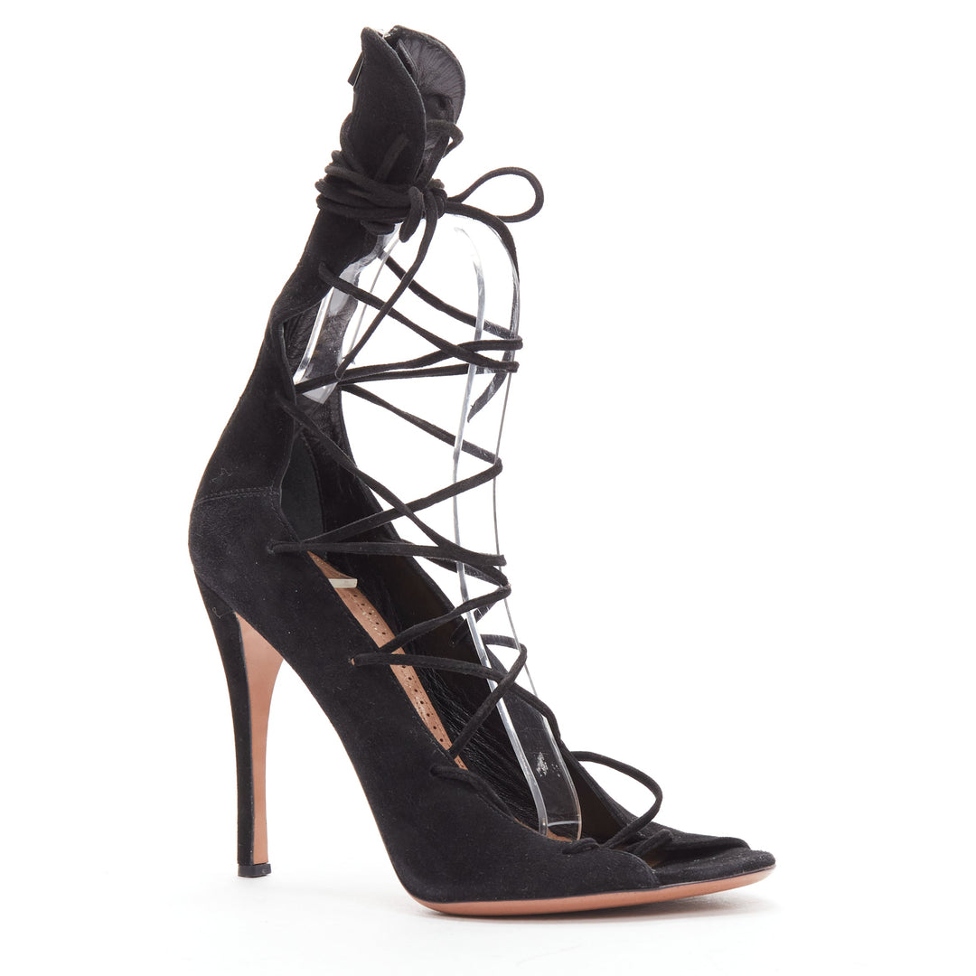 ALAIA black suede leather lace up back zip strappy sandal heels EU38.5
