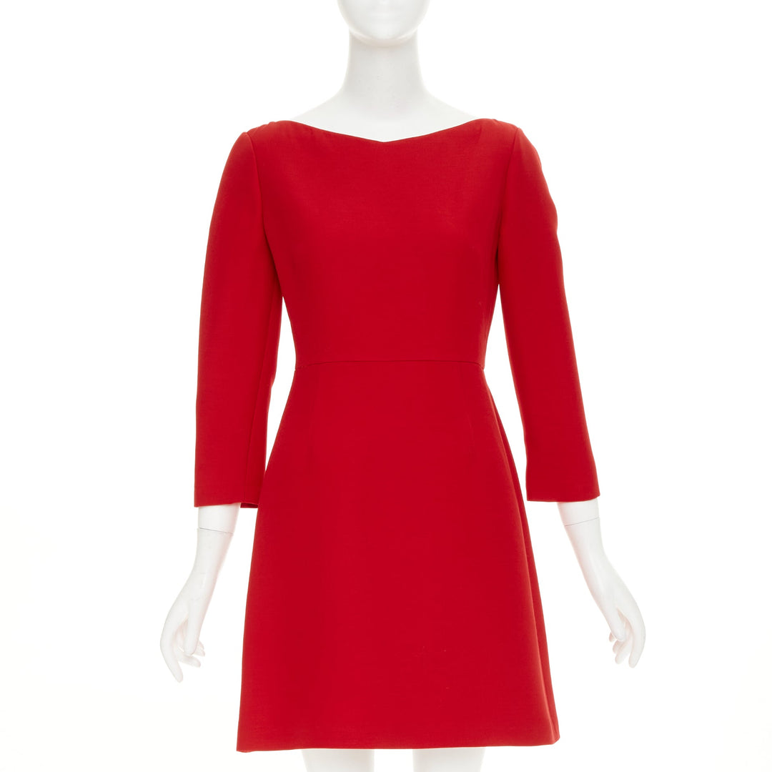 VALENTINO wide V neck structured red wool silk A-line dress IT40 S