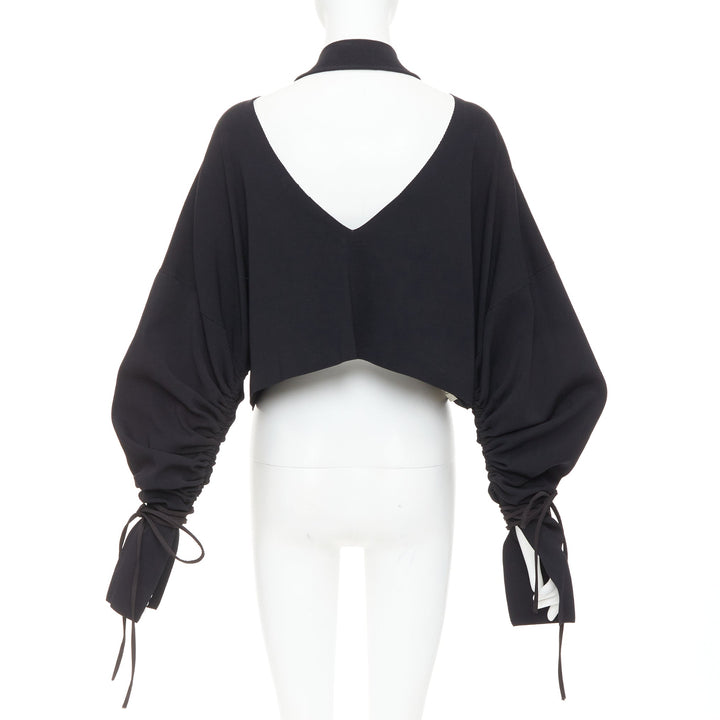 SOLACE LONDON Samara black viscose blend ruched sleeves cropped pullover UK8 S