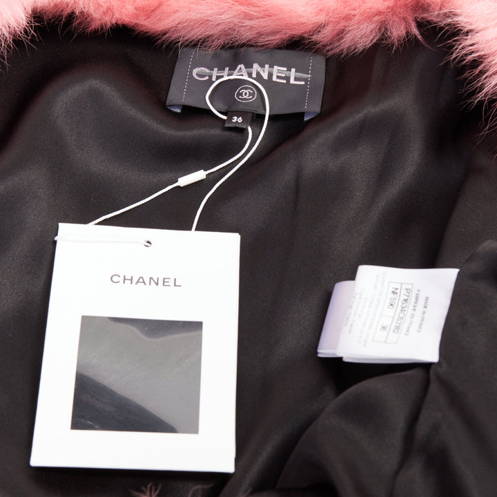 rare CHANEL 21K black pink shearling fur CC crystal button 4 pocket jacket FR36