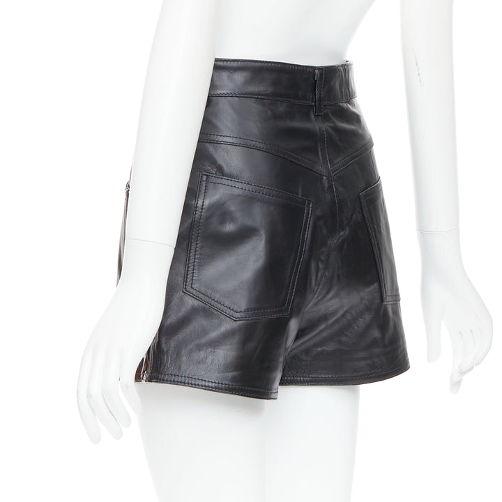 MANOKHI black genuine leather patent patch high waisted shorts FR34 XS