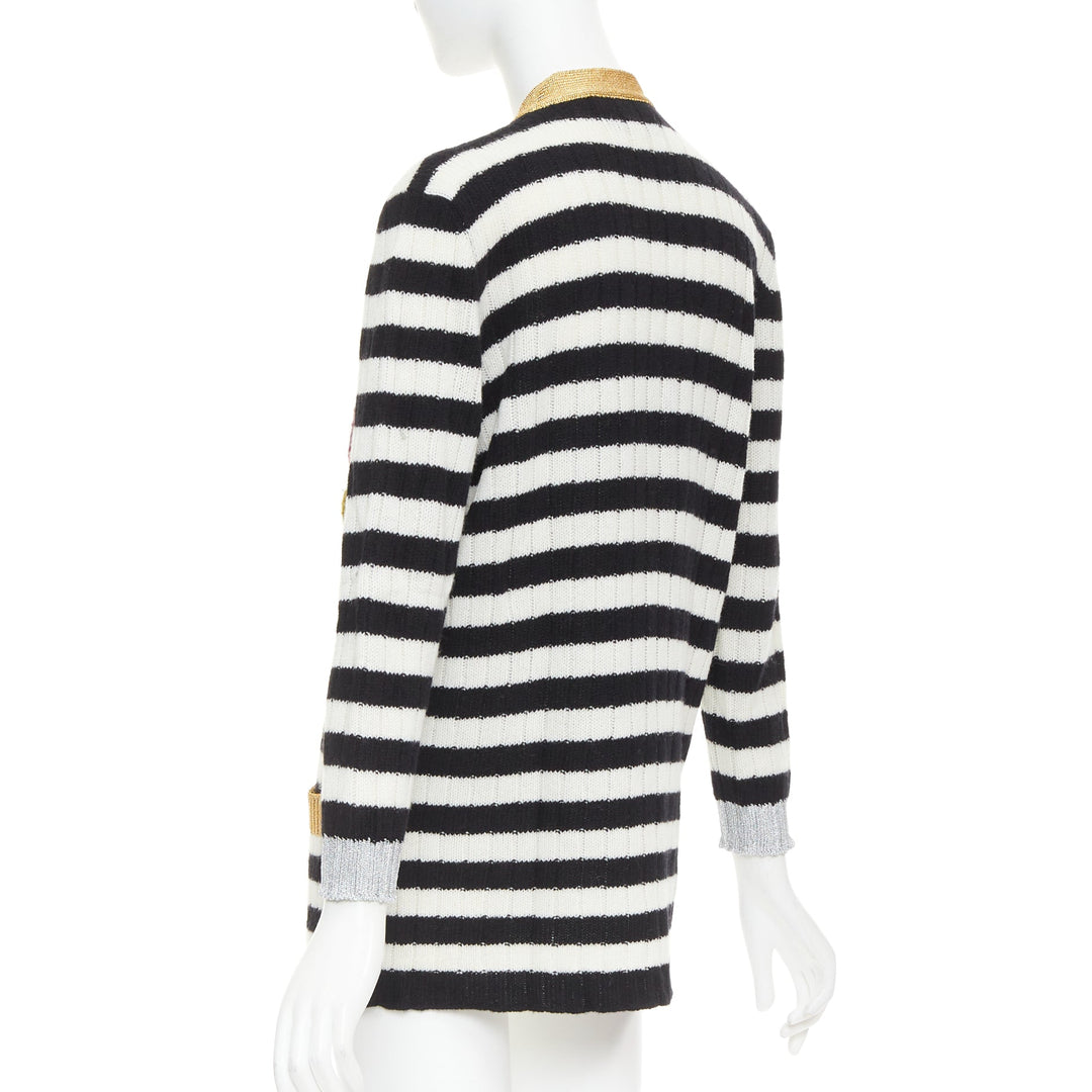 GUCCI Michele black white cashmere wool flower embroidered gold cardigan XXS