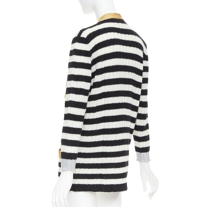 GUCCI Michele black white cashmere wool flower embroidered gold cardigan XXS