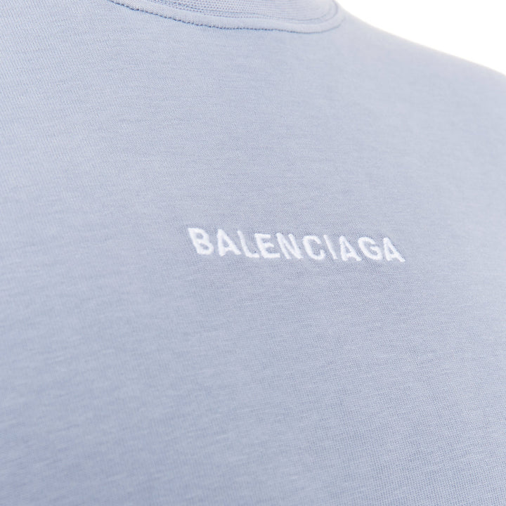 BALENCIAGA 2020 100% wool washed blue logo print crew neck oversized tshirt M