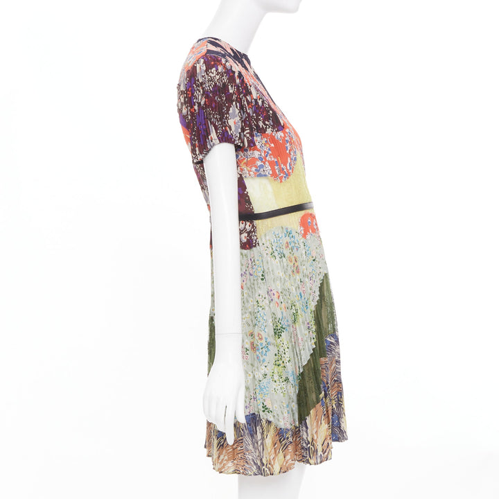 VALENTINO multicolor graphic print leather trim pleated lace insert dress IT40 S