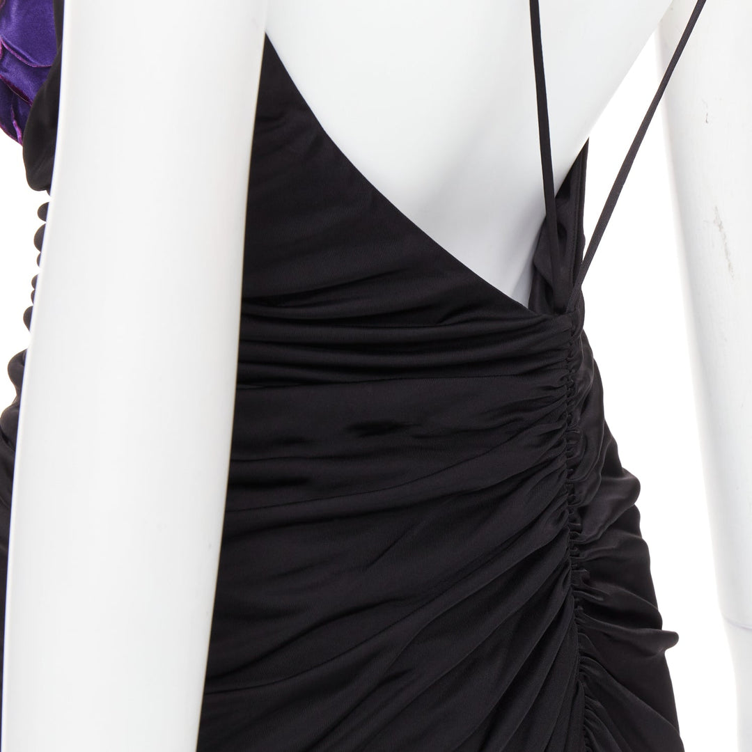 rare SAINT LAURENT 2022 Runway purple Wild Rose applique ruched plunge gown S