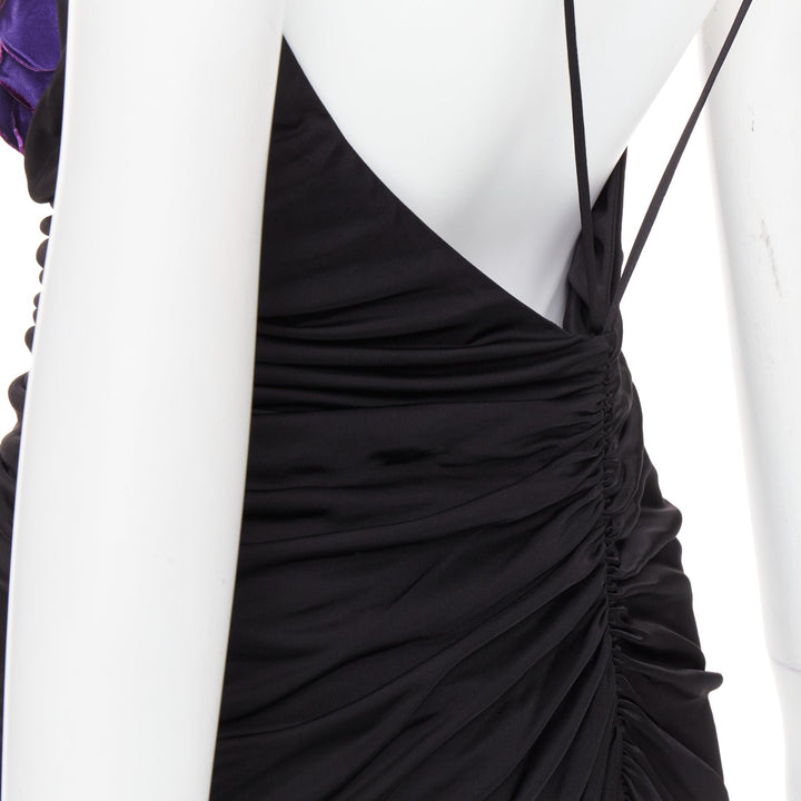 rare SAINT LAURENT 2022 Runway purple Wild Rose applique ruched plunge gown S
