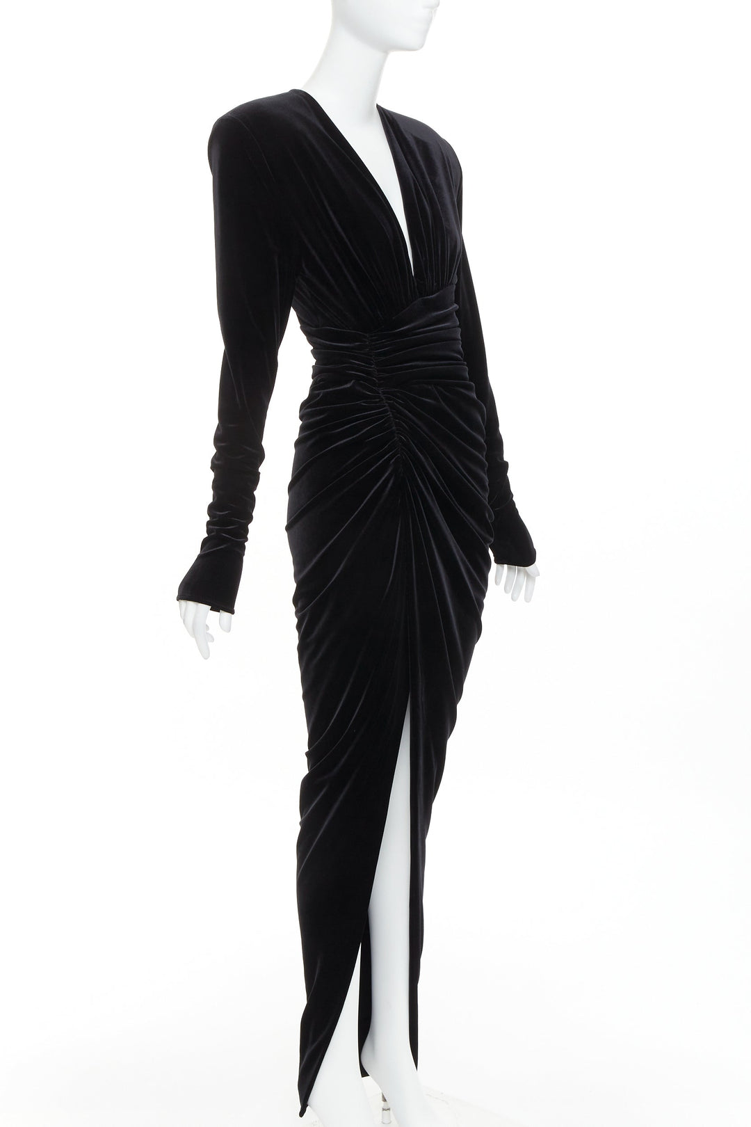ALEXANDRE VAUTHIER black velvet Power shoulder padded wrap drape slit gown dress
