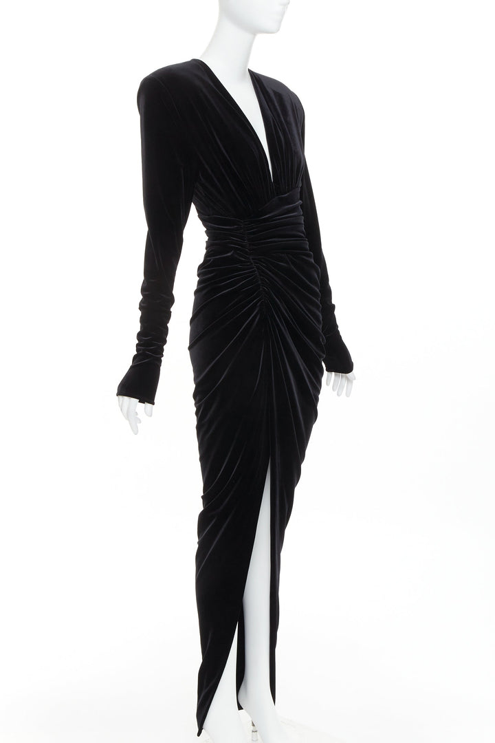 ALEXANDRE VAUTHIER black velvet Power shoulder padded wrap drape slit gown dress