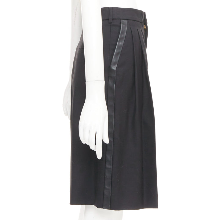 SAINT LAURENT 2012 black wool pleated high waist leather trim shorts FR36 S
