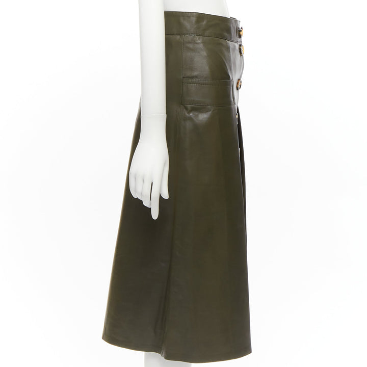 DODO BAR OR dark green genuine leather shell button pocketed pleated skirt IT40
