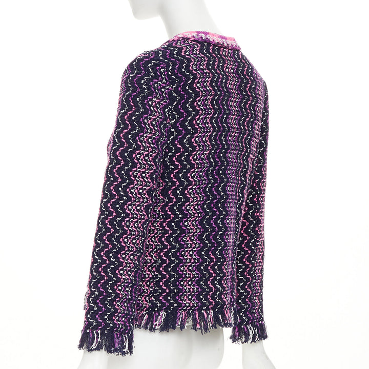 CHANEL 2021 P70494 fringe trim tie front tweed chevron cardigan jacket FR34 XXS