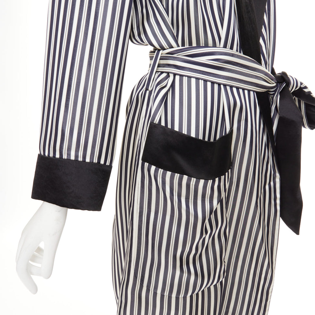 LANVIN grey black striped viscose floral applique belted robe outerwear FR34 XS