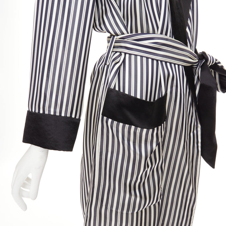 LANVIN grey black striped viscose floral applique belted robe outerwear FR34 XS