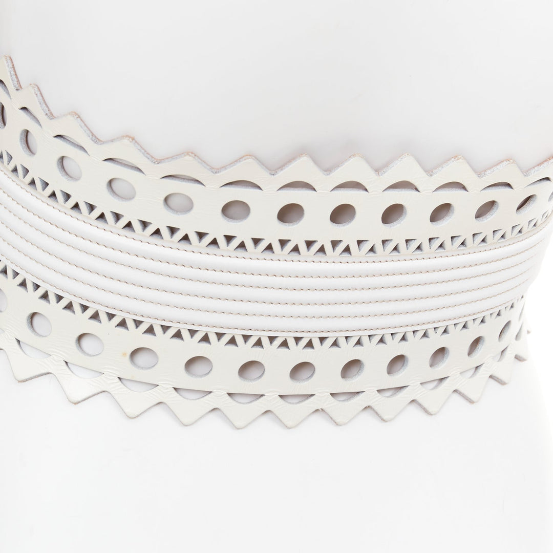 ALAIA Vienne white leather laser cut cinched corset wide belt 65cm