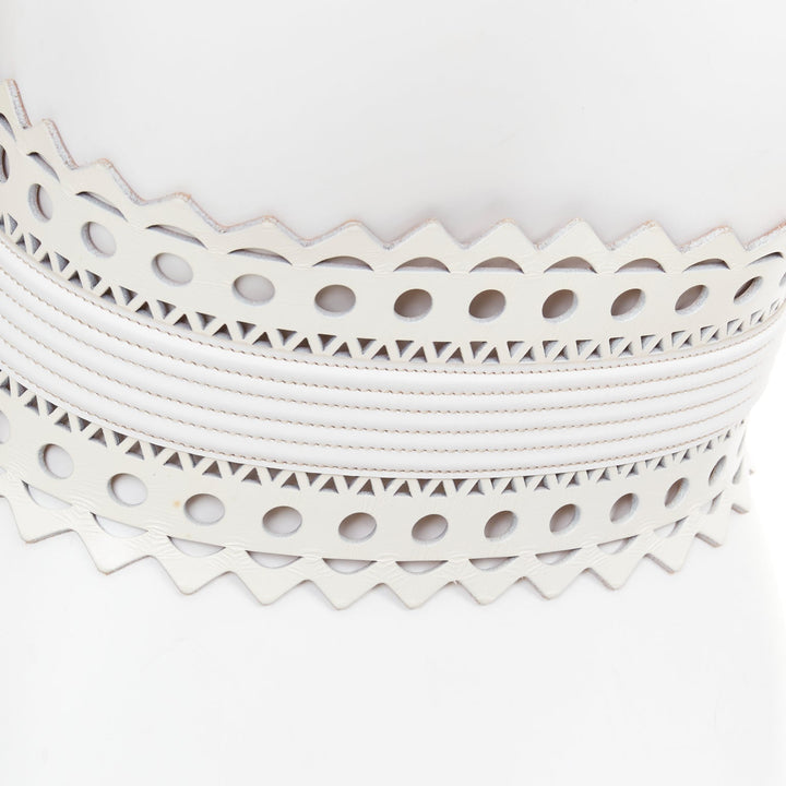 ALAIA Vienne white leather laser cut cinched corset wide belt 65cm