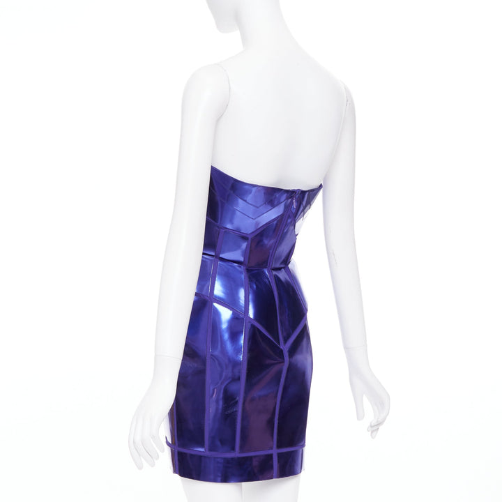 VERSACE 2010 Runway blue metallic silk leather corseted dress IT38 XS Katy Perry