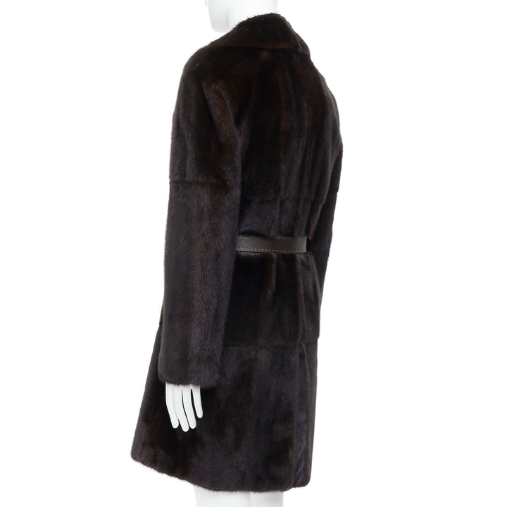 FENDI brown genuine fur Selleria double breasted belted coat IT48 M