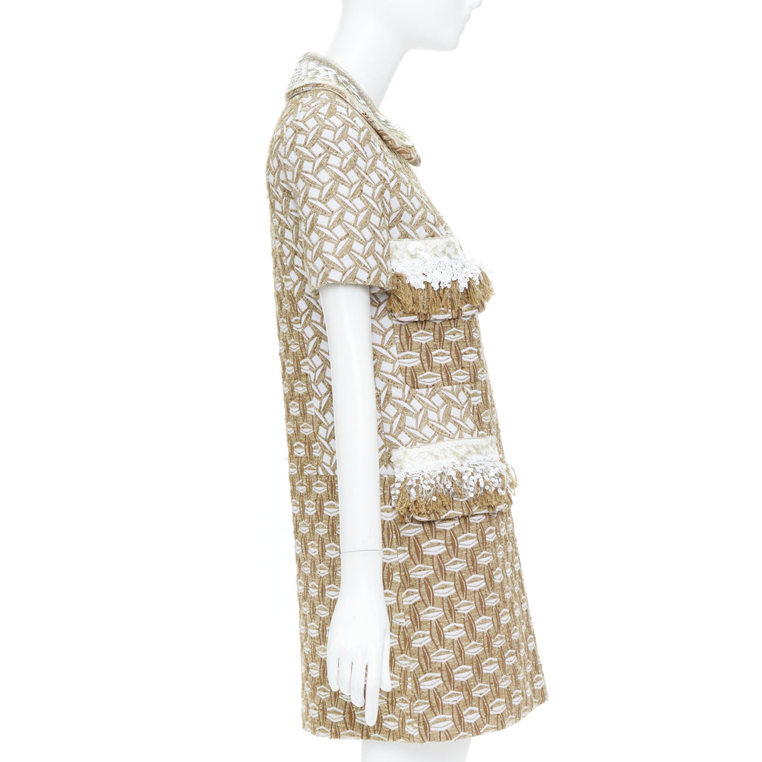 LOUIS VUITTON 2013 tan boucle tweed sequin fringe collar zip front dress FR40 L