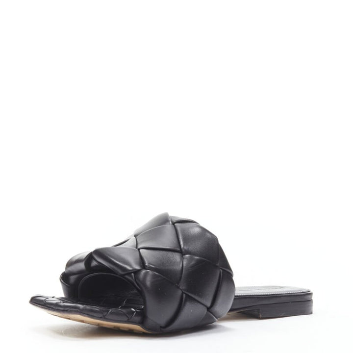 BOTTEGA VENETA Lido black padded Intrecciato woven square toe slides EU38.5