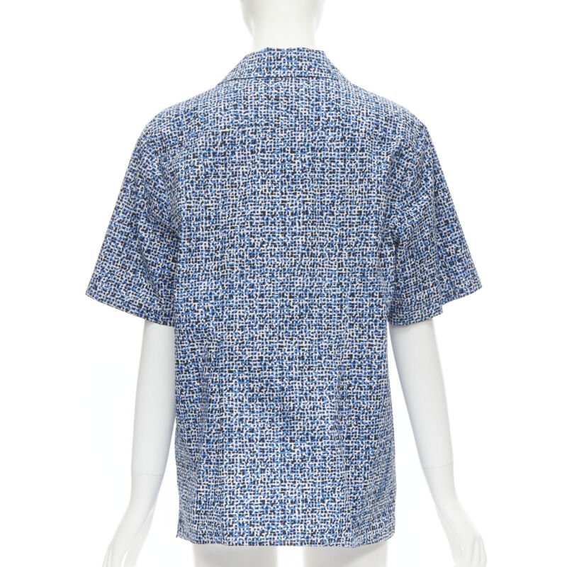 BOTTEGA VENETA blue speckle print camp collar short sleeve boxy cotton shirt S