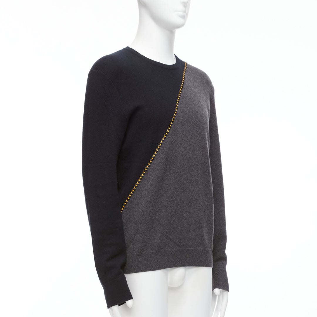 BERLUTI grey black yellow lambskin leather stitch wool cashmere split sweater M