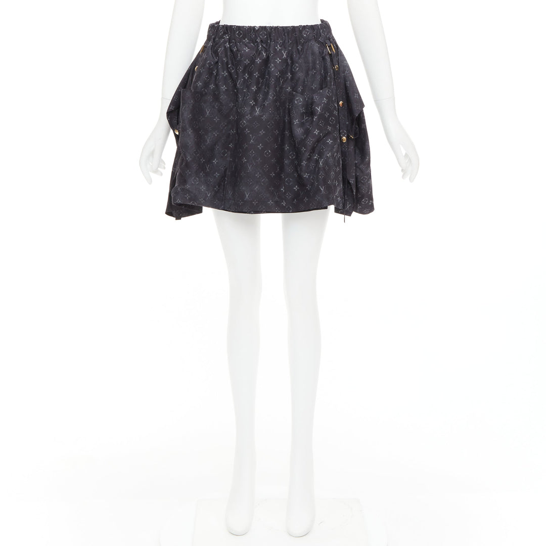 LOUIS VUITTON Monogram Cloud Pocket grey 100% silk flare mini skirt FR34 XS