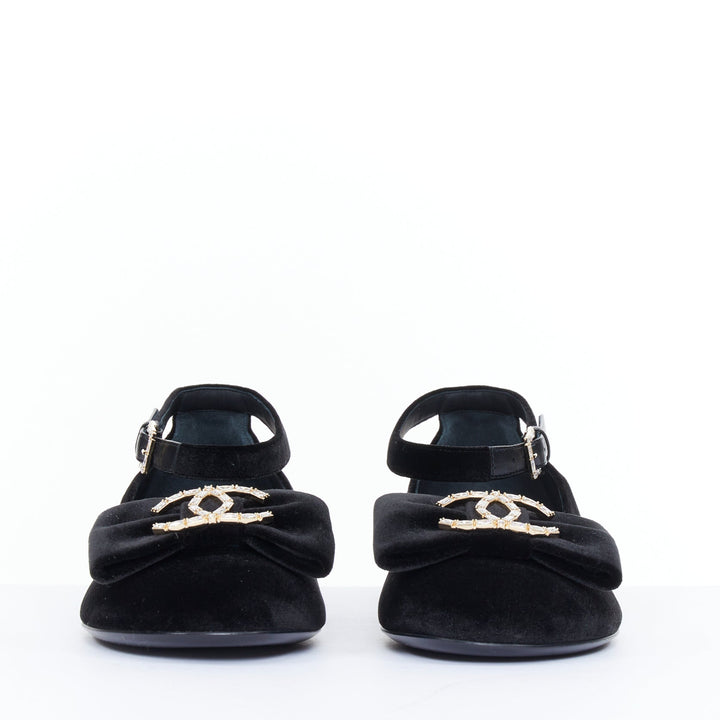 CHANEL 2020 black velvet crystal CC bow ankle strap mary jane ballet flats EU37C
