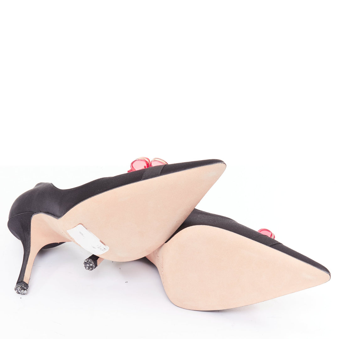 JIMMY CHOO Entice black satin grosgrain red acyrlic flower brooch pumps EU37