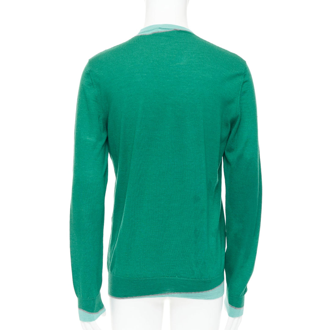 HERMES cashmere silk blend green blue border trompe loeil crewneck sweater