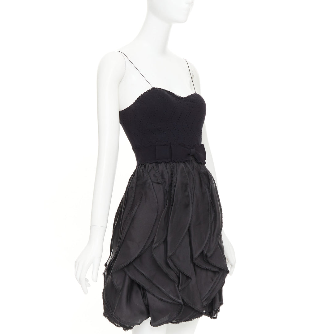 ADAM JONES Vintage black pointelle knit bow cascade ruffle babydoll dress IT38