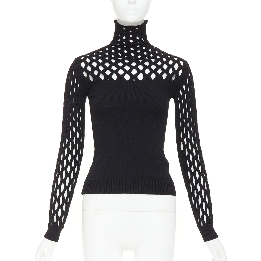 VALENTINO Piccioli 2021 black diamond lattice open-work knit turtleneck  M