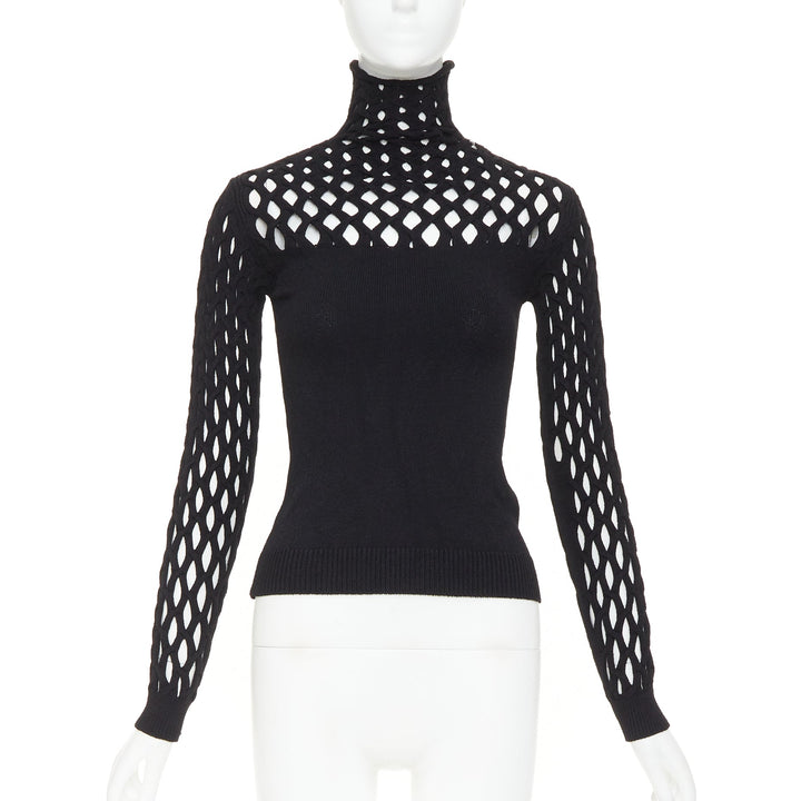 VALENTINO Piccioli 2021 black diamond lattice open-work knit turtleneck  M