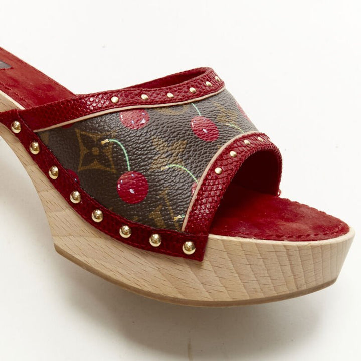 rare LOUIS VUITTON Takashi Murakami Cerises cherry wooden clog sandal EU37